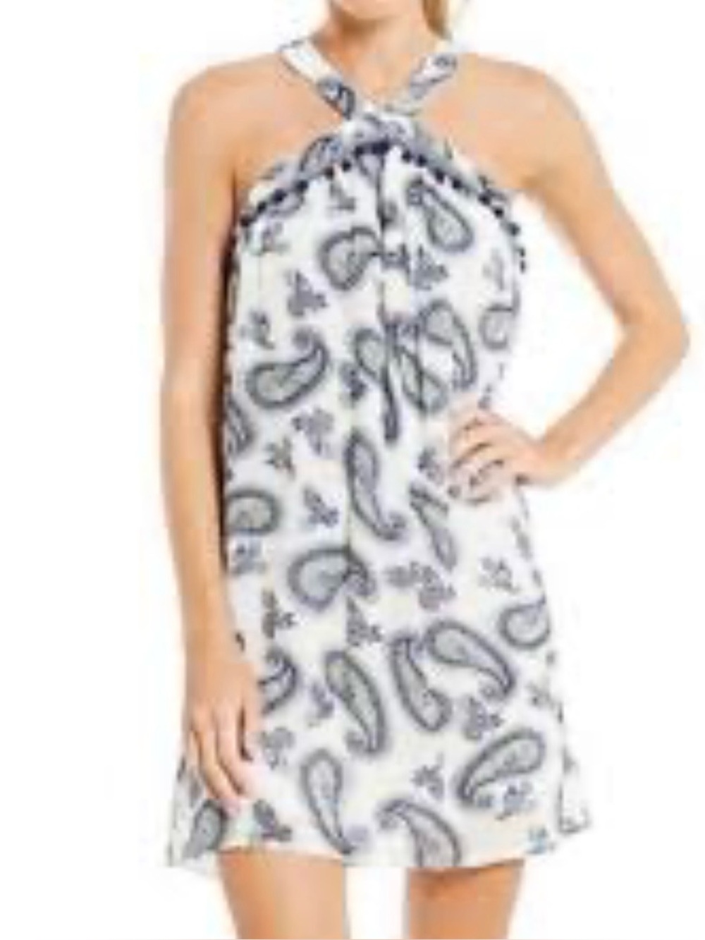 Treasure & Bond Cream and Blue Paisley One-Shoulder Dress